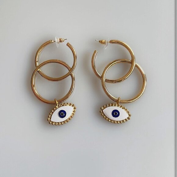 NEW EVIL EYE DOUBLE HOOP EARRINGS GOTH PUNK COSTUME - Picture 2 of 5